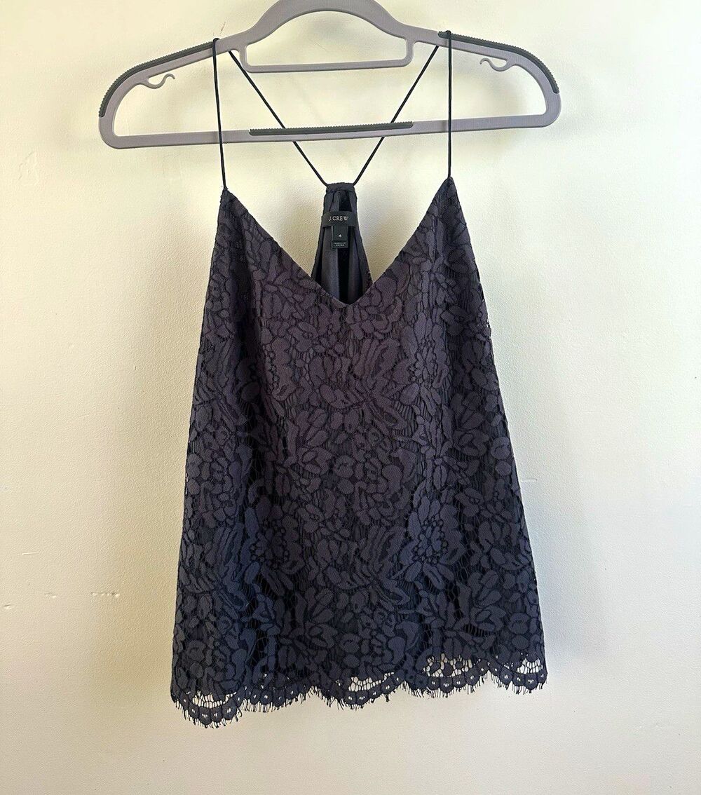J.CREW Black Floral Lace V-Neck Spaghetti Strap Camisole Top Size 4